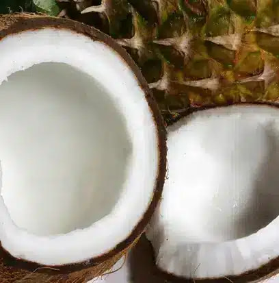 Divided coconuts with pineapple on background