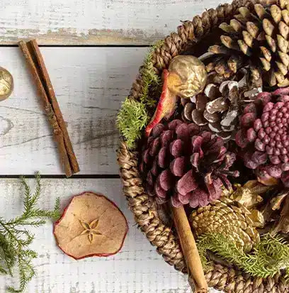 a basket filled with pine cones, apples and cinnamon sticks