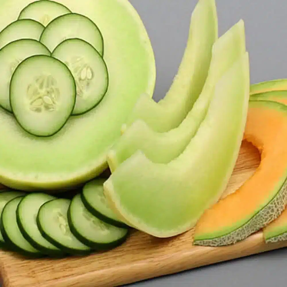 Melon, cantaloupe and cucumber slices on wood cut board