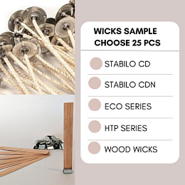 Cotton and wood wicks left square and pack description in the right side