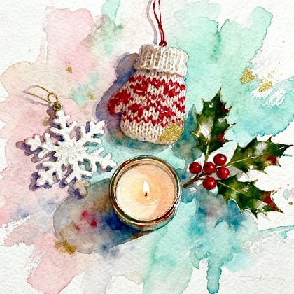 a watercolor painting of a candle and knitted mittens