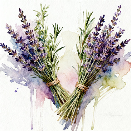 Two bundles of green herbs mixed with lavender