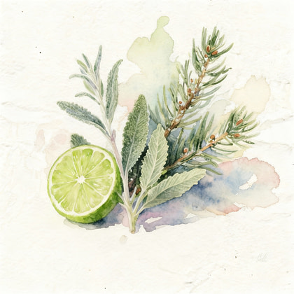 Half of lime next to green branch of white sage and branch of fir needles