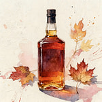 A bottle of bourbon next to few dried maple leaves