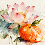 A lotus flower next to an opened mandarin