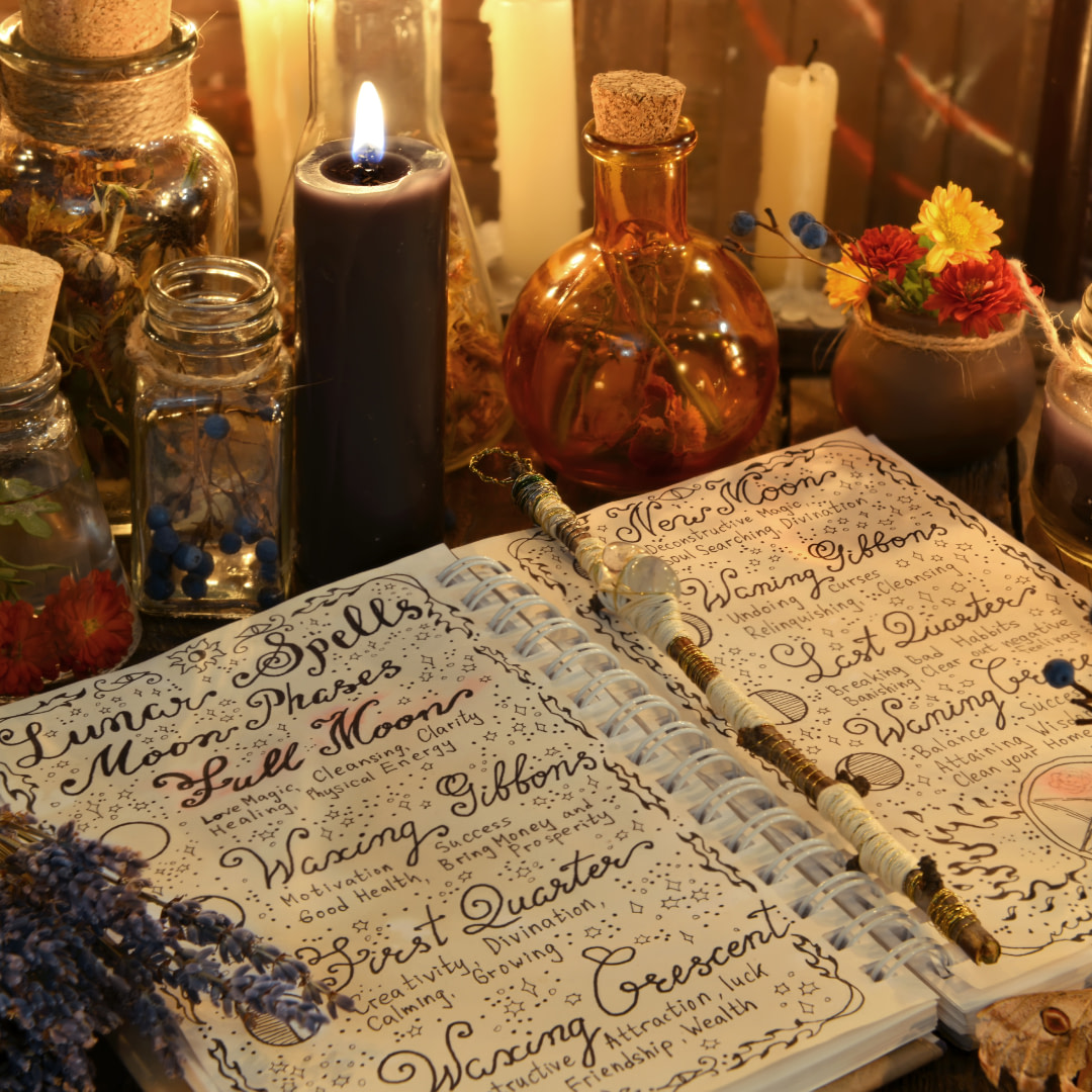 an open book on a table with candles and other items