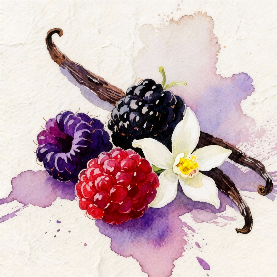 Colores berries next to vanillz pod and white flower.