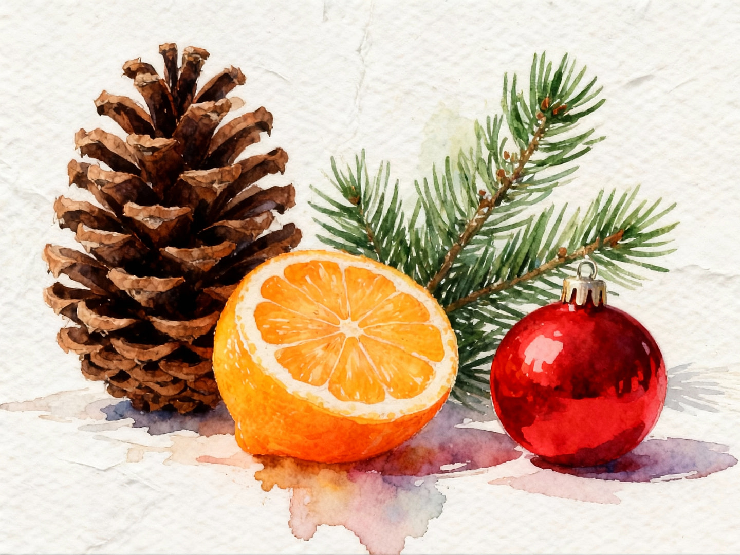 pinecone with green pine needles next to a juicy orange and a christmas decoration