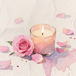 a watercolor painting of a candle and rose petals