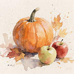 A vibrant orange pumpkin placed beside a green apple and a red apple, creating a colorful autumn scene.