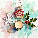a watercolor painting of a candle and knitted mittens