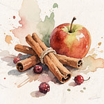 A red apple with a bundle of cinnamon sticks tied with twine, accompanied by a few scattered berries.