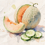 A whole cantaloupe with one slice beside it, accompanied by a few slices of green cucumber.