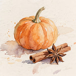 A large orange pumpkin beside a cinnamon stick and a star anise pod