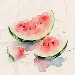 Three pieces of watermelon, including slices and triangles, arranged together.