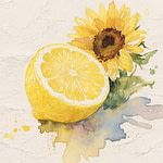 A yellow complete lemon next to a sunflower
