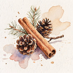 Two pine cones with attached stems and scattered green pine needles