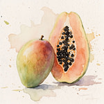 Fresh papaya and mango fruits positioned on a sunny yellow backdrop.