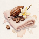Folded creamy cashmere fabric with a cocoa pod and coffee beans placed on top