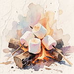 watercolor painting of marshmallows on a campfire
