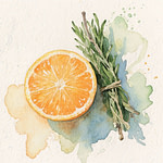 A halved citrus orange next to a bundle of fresh green sage tied with natural twine.