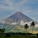 a large mountain with palm trees in front of it