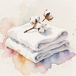 Two folded white towels with a stem of cotton flowers