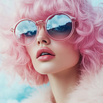 a person with pink hair and sunglasses