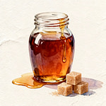 A honey clear jar next to three cubes of brown sugar
