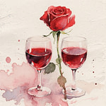 2 cups of wine, one next to the other with a red rose in the middle.