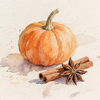 A large orange pumpkin beside a cinnamon stick and a star anise pod