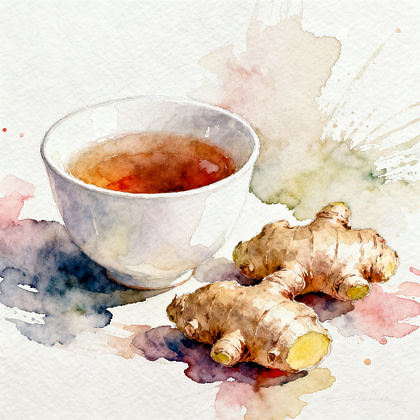 Cap of tea next to two pieces of ginger