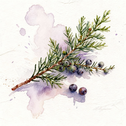 a cedar branch with its leaves (ears) and its small branches next to some juniper berries
