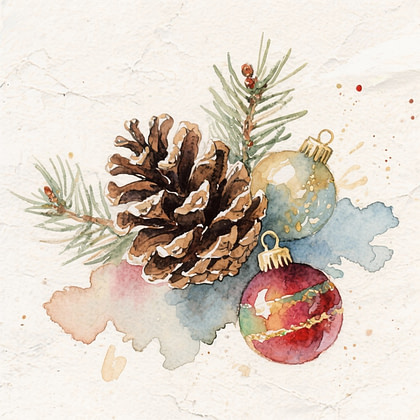 watercolor Christmas card with pine cones and ornaments