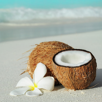 coconut and flower on tropical beach
