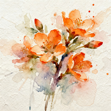 three orange blossoms and buds in tree branch