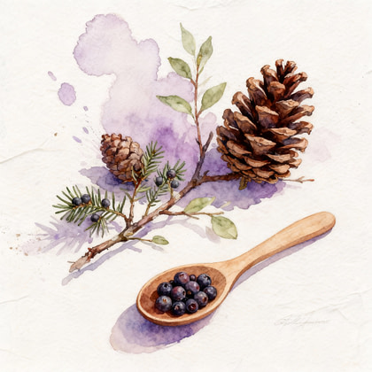 pine cones with their small branches and leaves next to wood spoon full of juniper berries