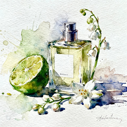 Transparent luxury looking perfume bottle next to juicy half bergamot, jasmine flower and muguet