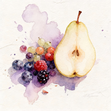 A half pear next to different berries