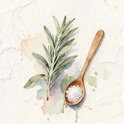 A branch of herbs next to a wooden spoon holding salt