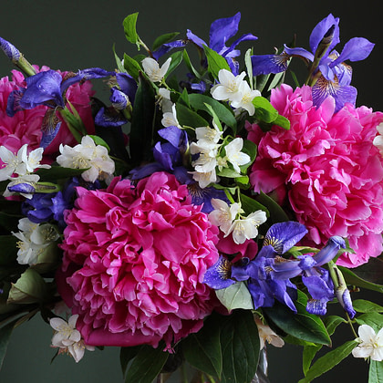 a bouquet of pink and blue flowers in a vase