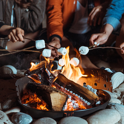 a group of people roasting marshmallows over a campfire