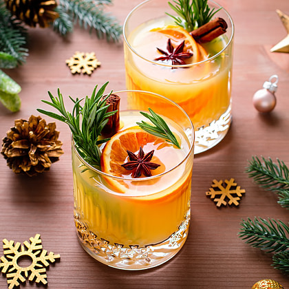 two glasses with orange juice and spices on a wooden table