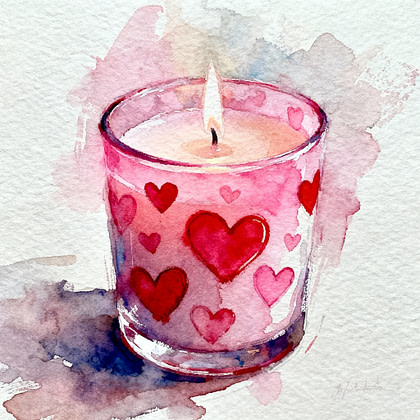 tea candle with pink and red hand draws hearts