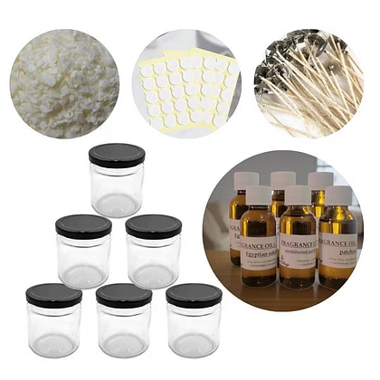 a collage of various items including a jar, wicks, and wax