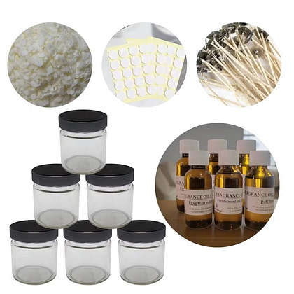 various items including jars, wicks, and wax and bottles of fragrances