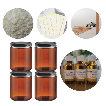 Elements of candle making, various amber jars, fragrance oils and other items