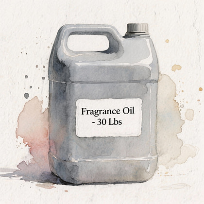 A watercolor illustration of a gray jug labeled 'Fragrance Oil 30 lbs' with a sticker on the front.