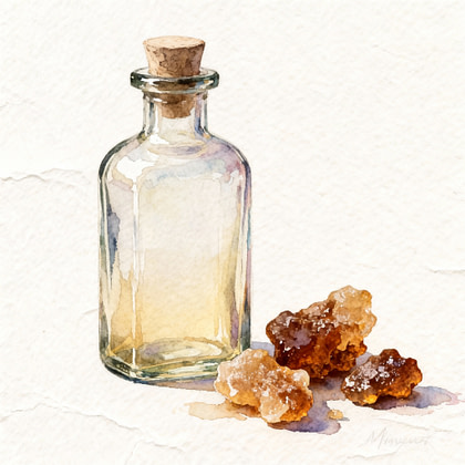 Transparent bottle next to few marron pieces of tree resin.