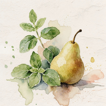 a watercolor painting of a pear and leaves